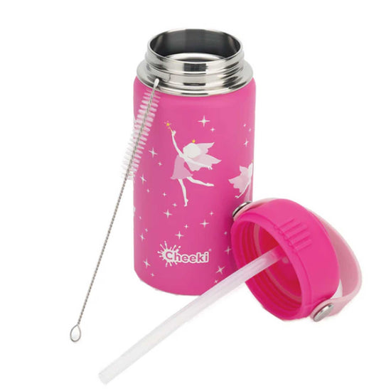 Pink fairy stainless steel drink bottle by cheeki with cleaning straw. Diminish.