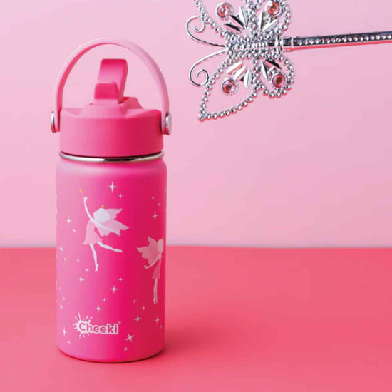 Cheeki stainless steel pink drink bottle with fairies. Eco Shop. Diminish.