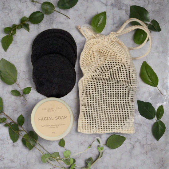Reusable black make up wipes and natural plastic-free facial cleanser by Diminish.