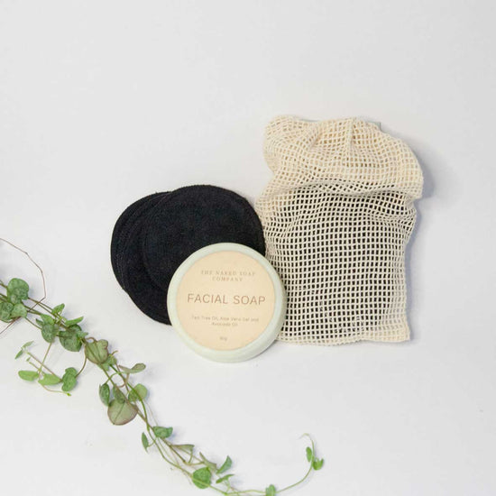 Naked facial soap and set of 10 reusable make up wipes. Bundle by Diminish.