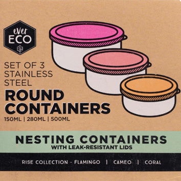 Set of 3 stainless steel ever eco round food snacks containers. Adelaide Eco shop.
