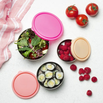 Set of 3 pink pastel stainless steel reusable food containers. Great for kid's lunchboxes.