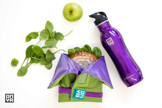 Onya purple reusable stainless steel drink bottle and food wrap. Diminish.