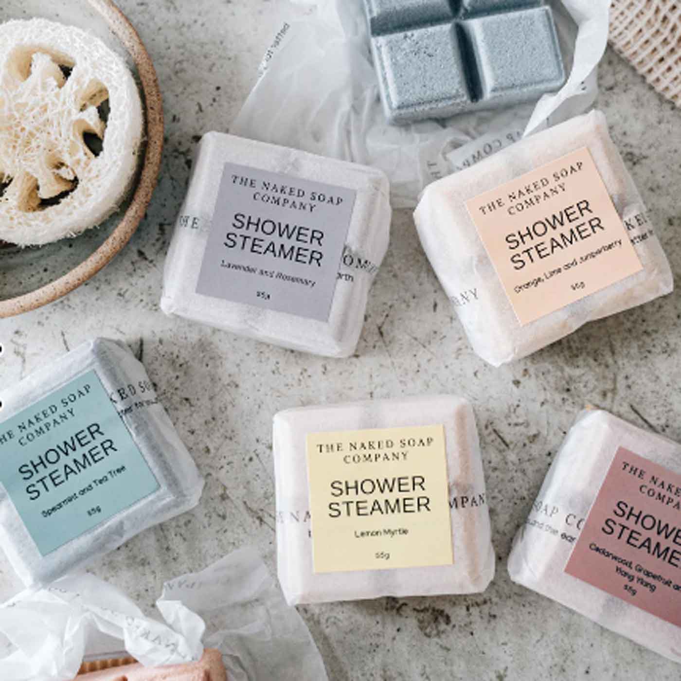 The naked soap company all natural and plastic free shower steamers. Variety of scents. Diminish.
