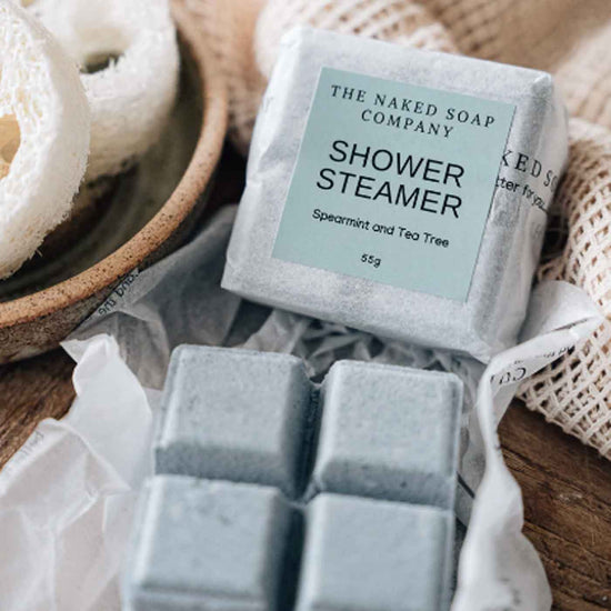 spearmint and tea tree all natural shower steamer. Plastic-free. Diminish.