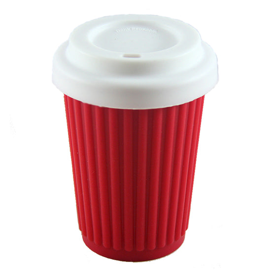 Load image into Gallery viewer, Onya red reusable plastic free silicone coffee cup with a white lid. 
