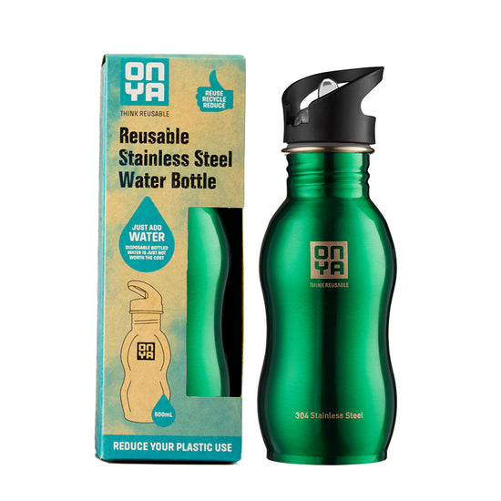 Onya green stainaless steel reusable drink bottle. 500ml.