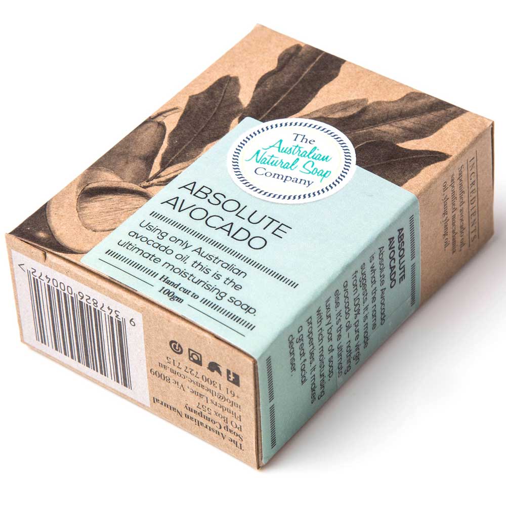 Cardboard box of eco-friendly Australian Natural Soap Company Absolute Avocado Soap Bar