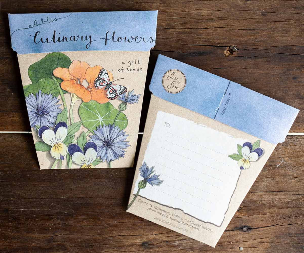 Load image into Gallery viewer, Edible culinary flowers gift of seeds gift cards. Card made on recyclable paper with plantable seeds inside.
