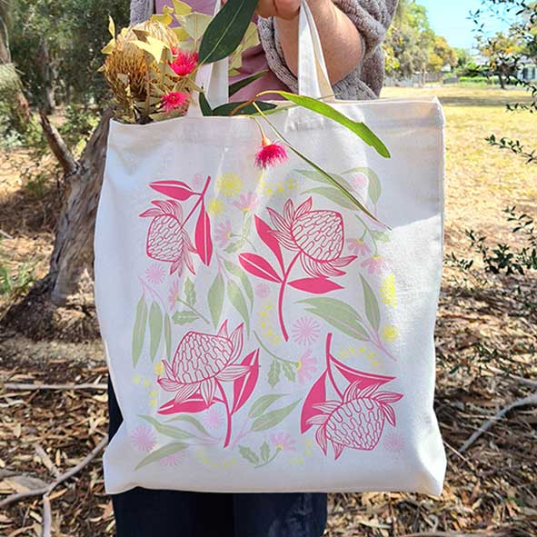 Organic cotton tote bag with eucalyptus nuts. Plastic-free. Adelaide eco shop.