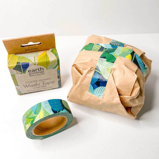 Load image into Gallery viewer, Earth greetings washi tape - breath. Wrapped present using washi tape.
