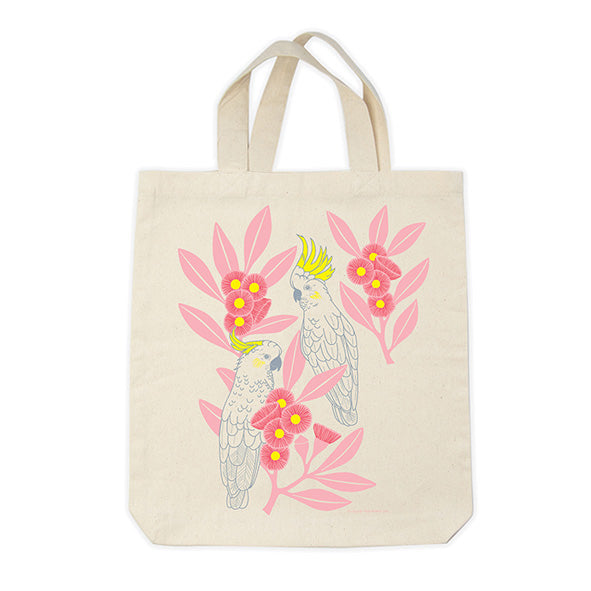 Plastic free organic cotton tote bag with silver gum cockatoos. Diminish.