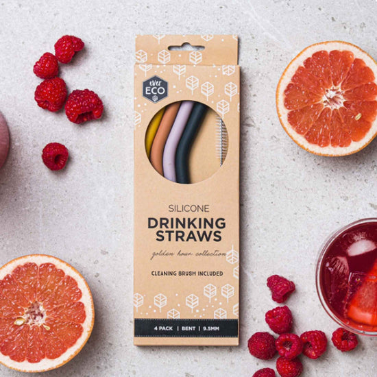 Box of set of 4 Ever Eco Reusable silicone straws. golden hour colours. Diminish.