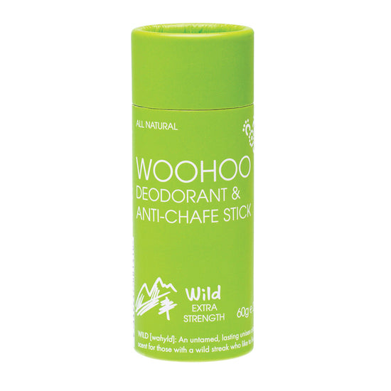 Woohoo deodorant and anti-chafe stick. Zero waste and all natural deodorant. Extra strength.