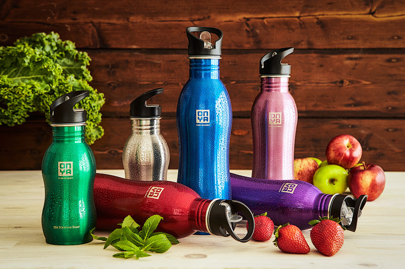 Set of different coloured Onya stainless steel drink bottles.