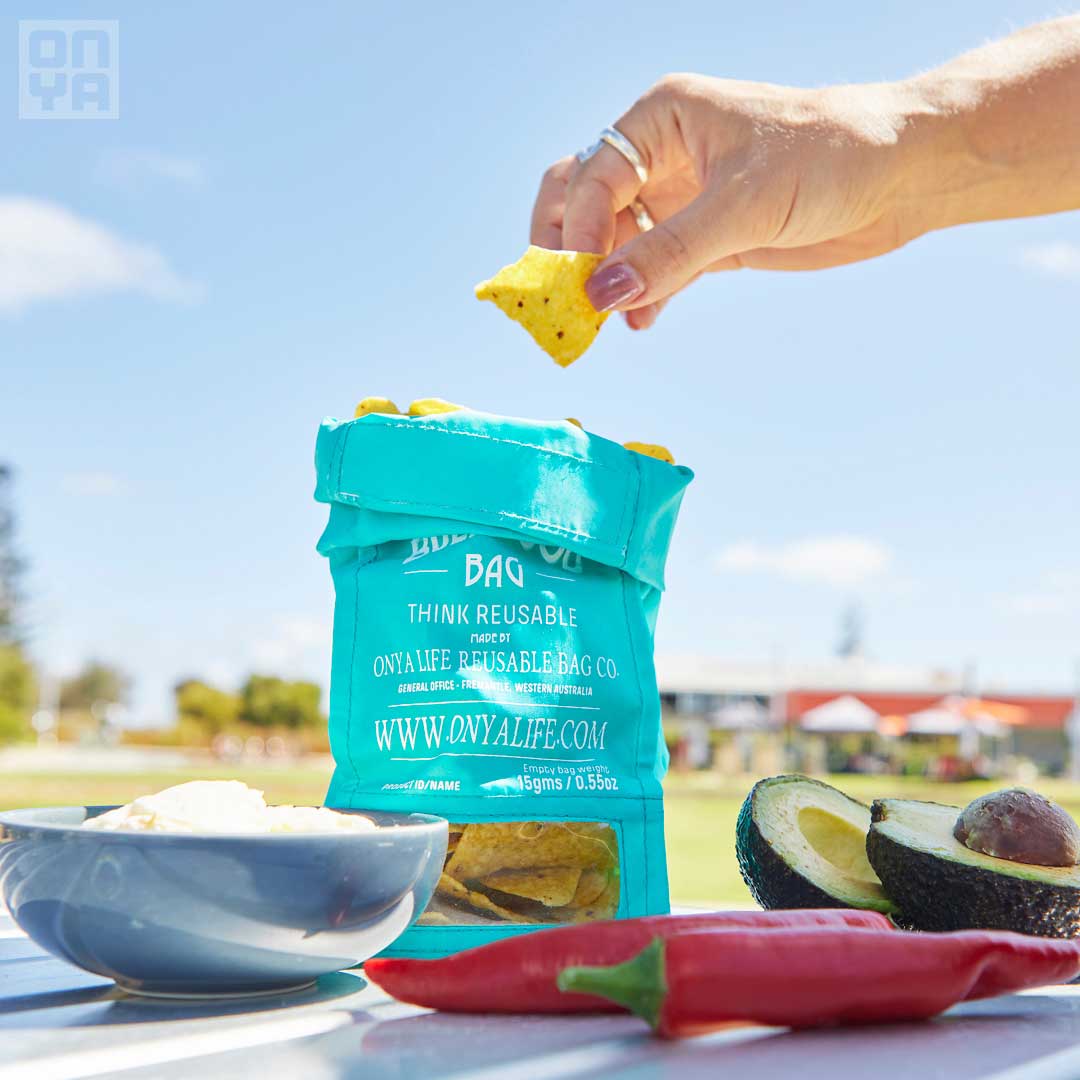 Onya reusable large bulk food bag with Corn Chips. Aqua. Adelaide Plastic-free shop.
