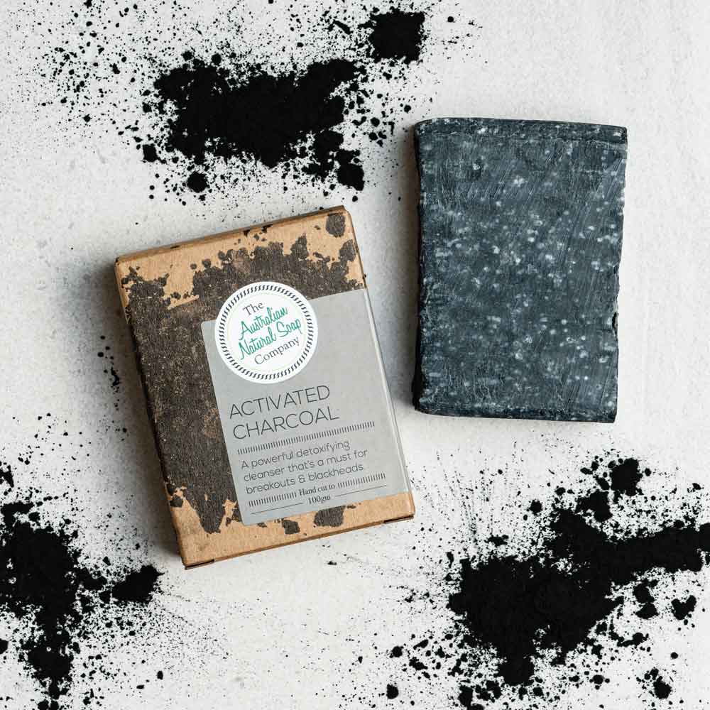 Box of The Australian Natural Soap Company Activated Charcoal Soap for cleansing. Plastic-free.