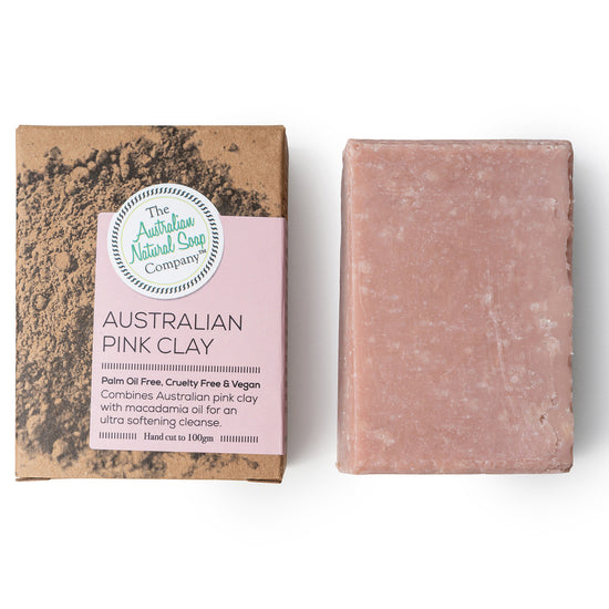 The Australian Natural Soap Company Pink Clay Soap Bar. Pink rectangle soap on a white background.