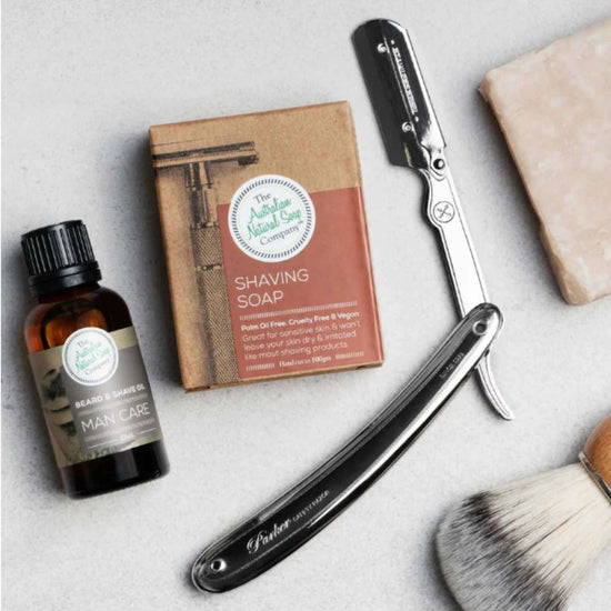 The Australian Natural Soap Company all-natural and plastic free shaving soap paired with shave oil.
