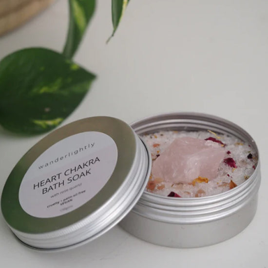 Load image into Gallery viewer, Opened tin of Wanderlightly all natural heart chakra bath salts. Vegan &amp;amp; cruelty-free.
