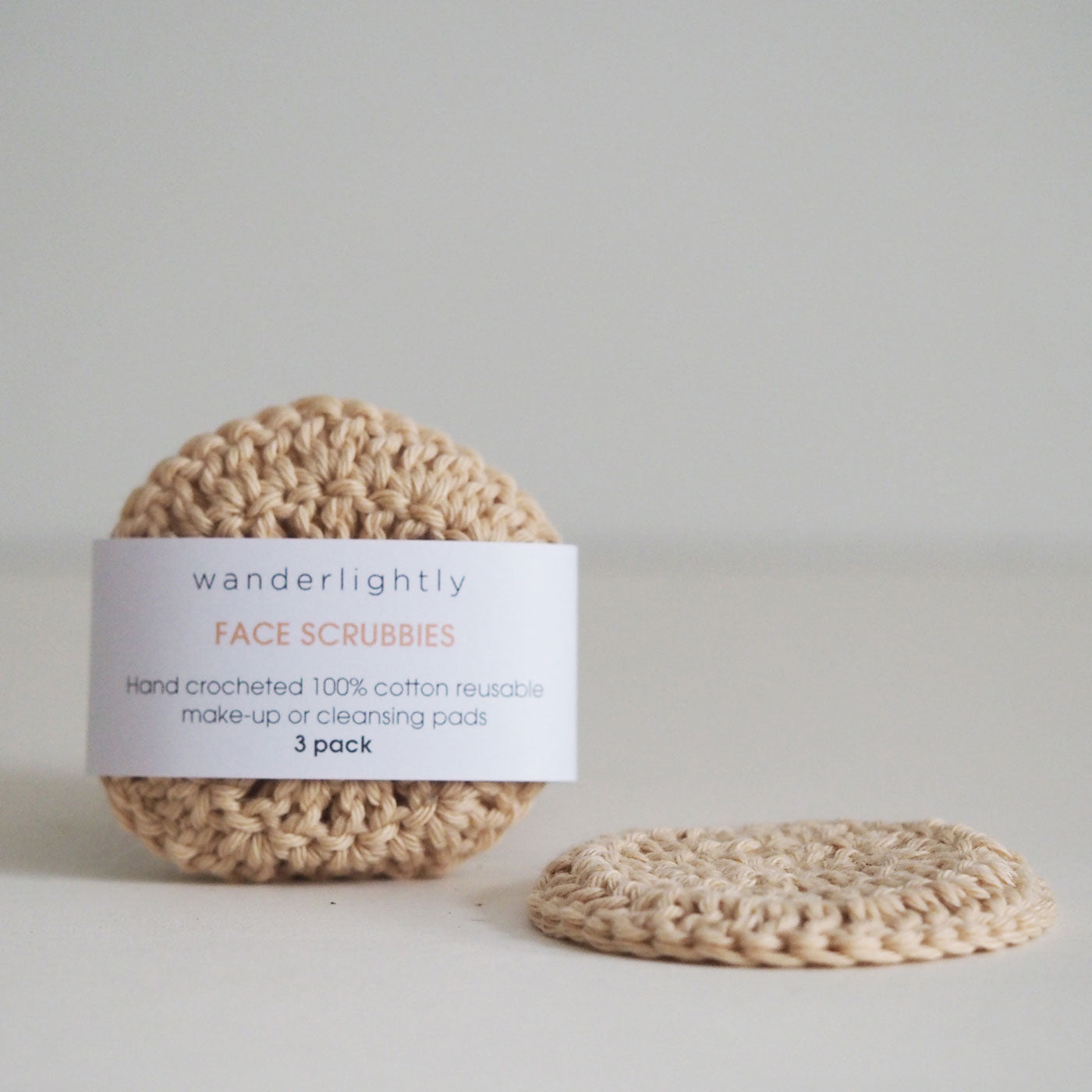 3 pack of Wanderlightly face scrubbies. Handmade facial wipes on a benchtop.