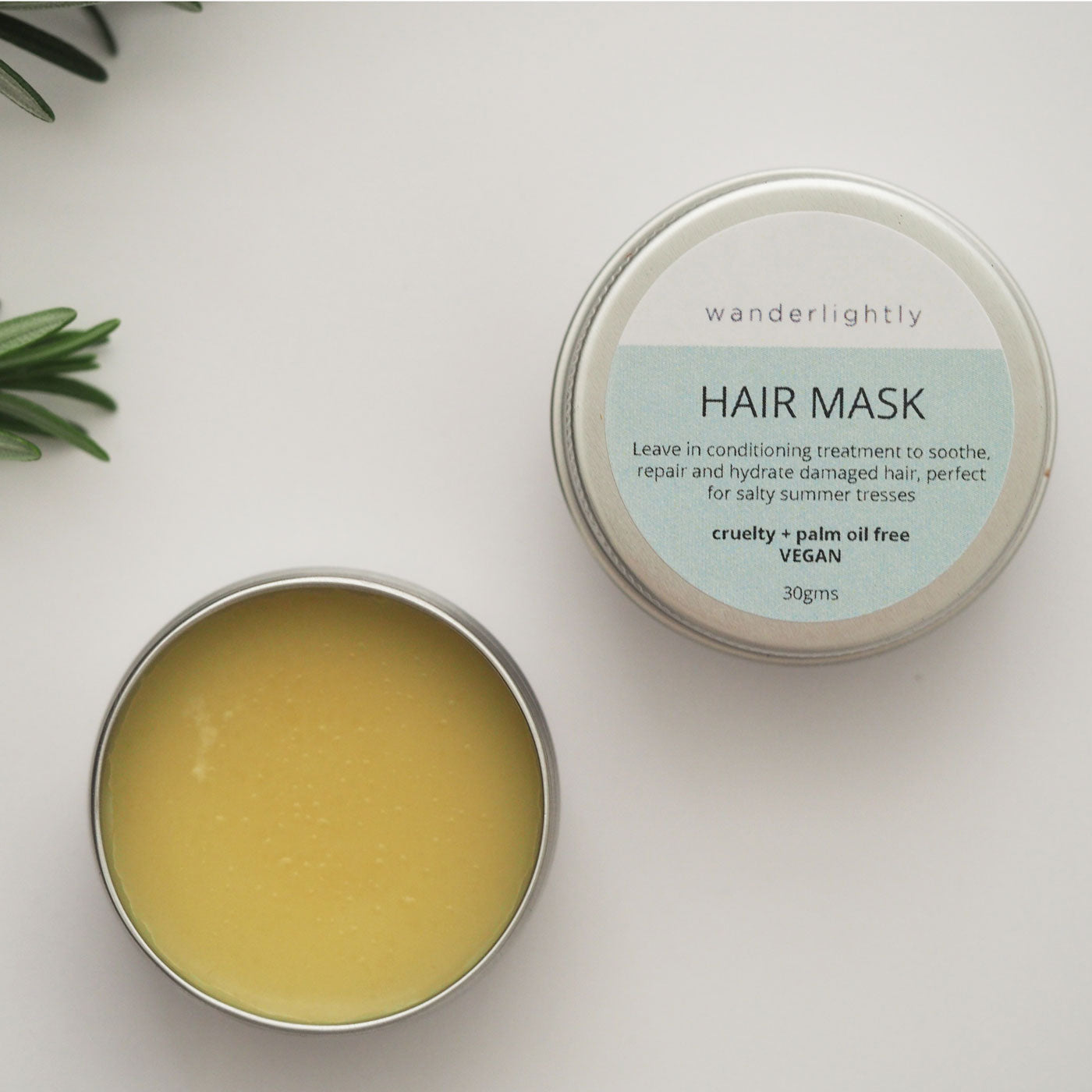 Wanderlightly leave in conditioning hair mask. All natural & handmade in a plastic-free tub.