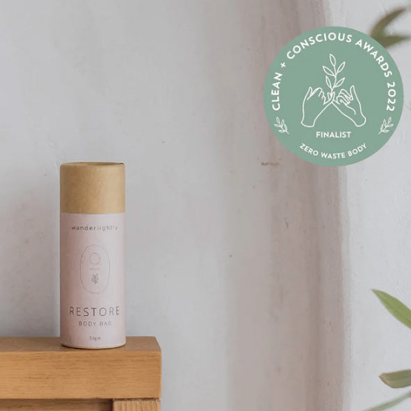 Finalist in the Clean and conscious awards - wanderlightly restore body bar in a cardboard tube