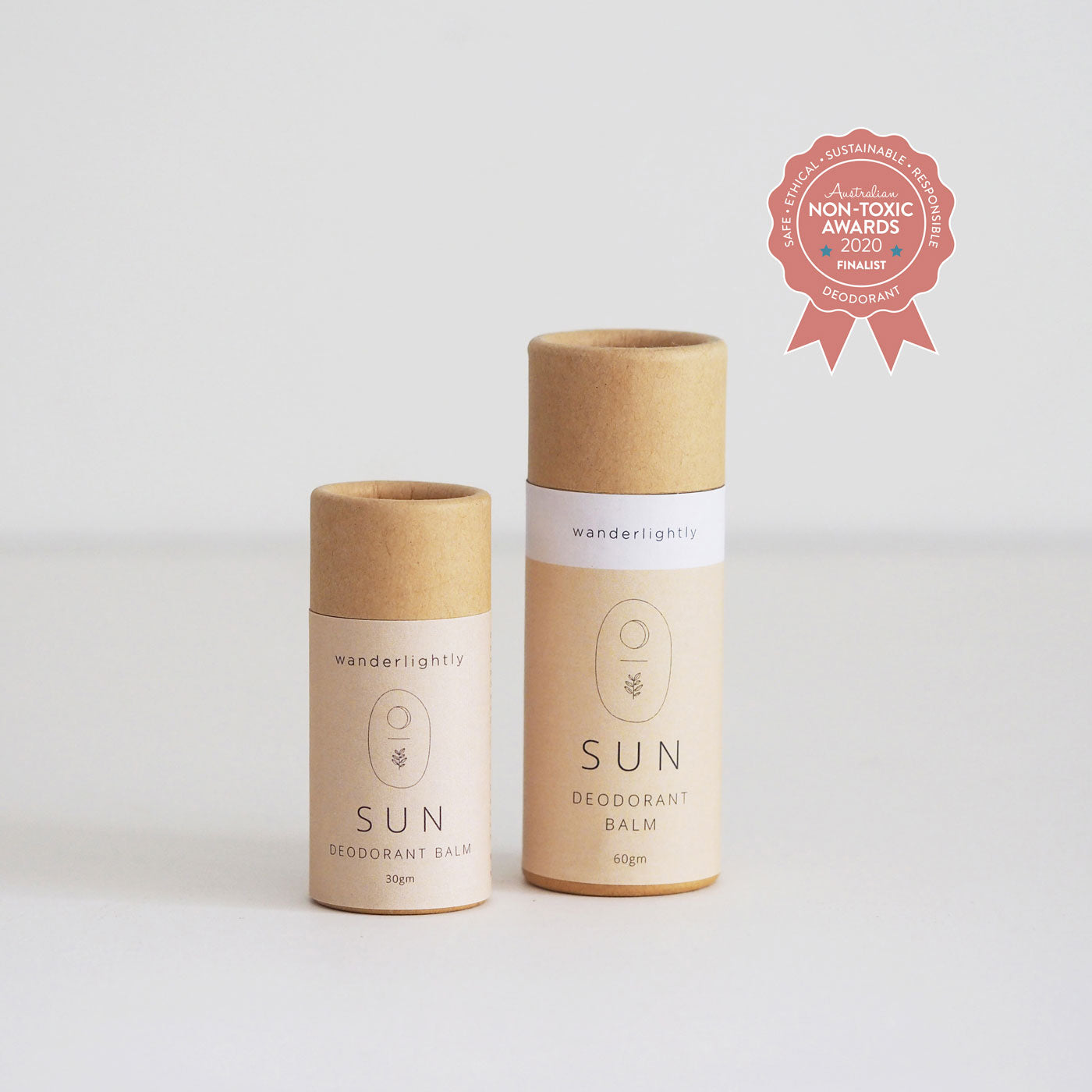 2 Cardboard recyclable tubes of Wanderlightly sun deodorant balm. Australian Non-toxic awards finalist. 