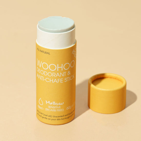 Woohoo zero waste vegan deodorant. Yellow cardboard tube with lid off. On a yellow background.