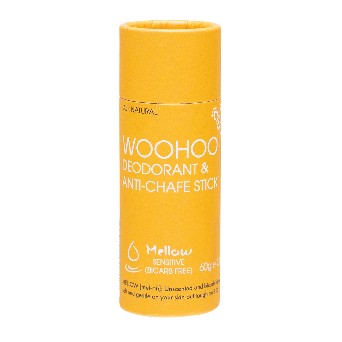 Woohoo Body vegan zero waste all natural deodorant. Yellow cardboard tube on a white background.