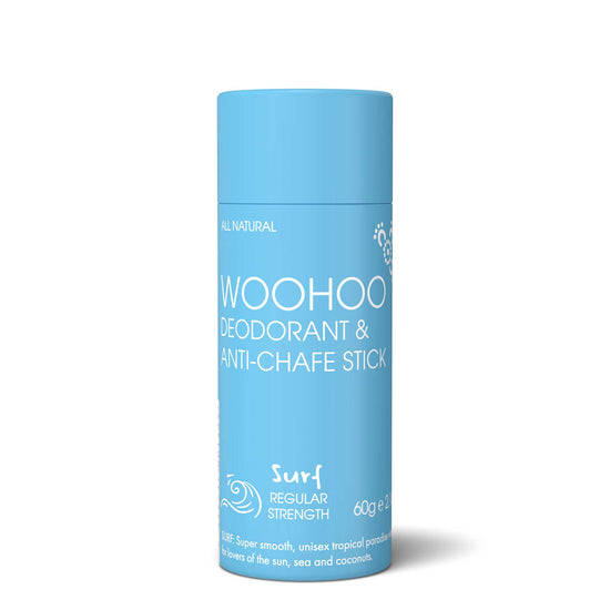 Blue cardboard tube of Woohoo all natural and zero waste deodorant.