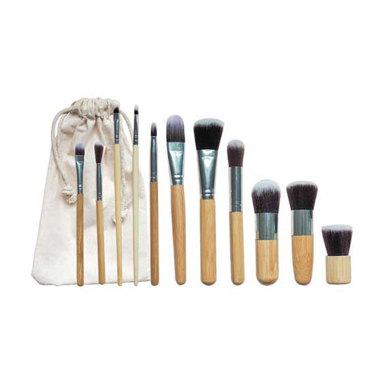 Set of 11 eco-friendly bamboo handled make-up brushes with cotton canvas storage bag. Diminish.