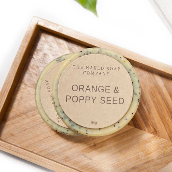 The naked soap company plastic-free orange and poppy seed soap.