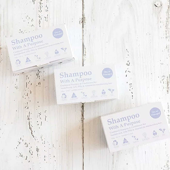 Plastic free shampoo with a purpose shampoo and conditioner bars for dry or damaged hair. Adelaide Eco Shop.