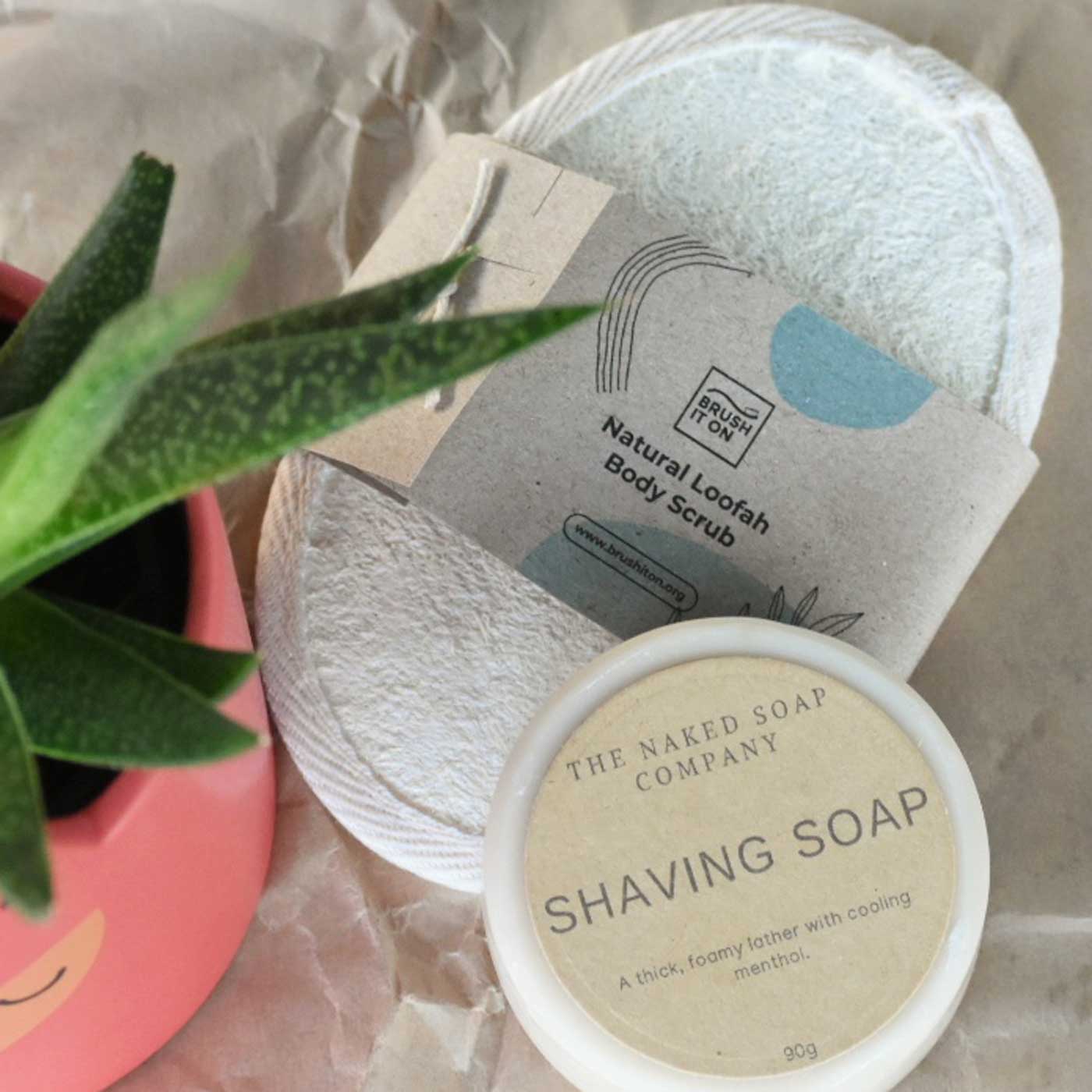 Load image into Gallery viewer, All natural body loofah paired with an all natural vegan and cruelty-free shaving soap.

