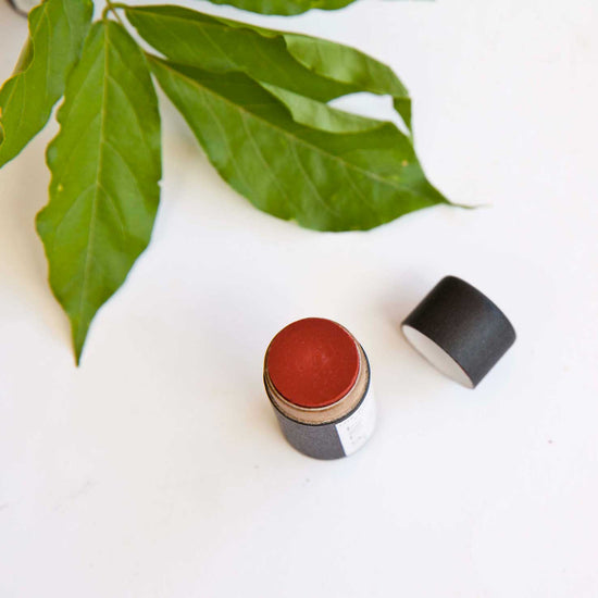 Warm red lip tint in a cardboard tube on a white background. Zero waste product.