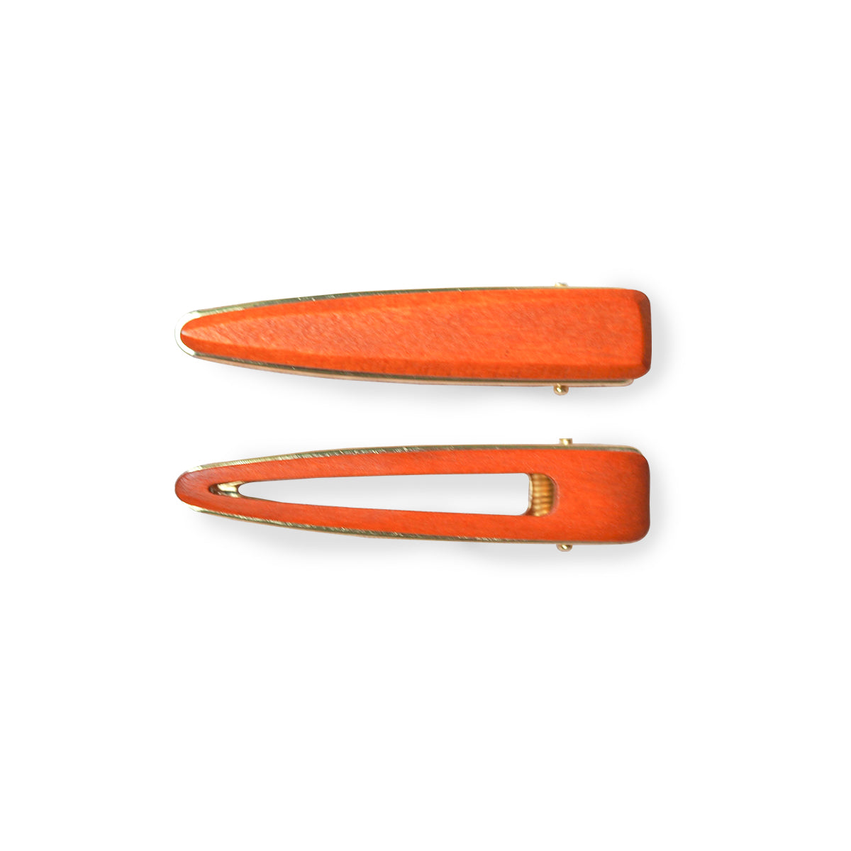 2 zero waste orange hair clips. Wooden with a metallic clip. On a white background.