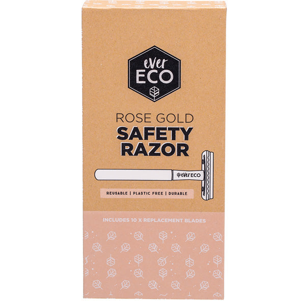 Box of ever eco brand rose gold safety razor. Reusable plastic free and durable.