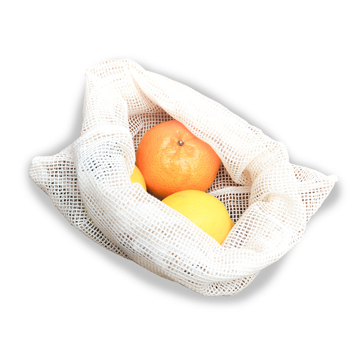 reusable zero waste cotton produce bags with 2 lemons and an orange inside. Adelaide Eco Shop.