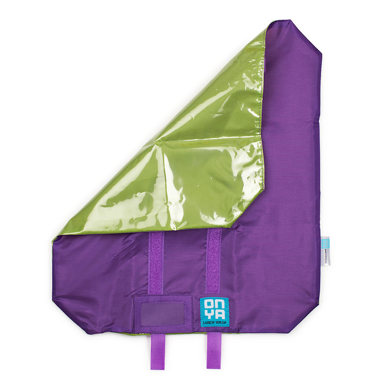 Load image into Gallery viewer,  Green reusable zero waste lunch wrap with corner folded over. Purple on the inside with purple  velcro straps. On a white background.
