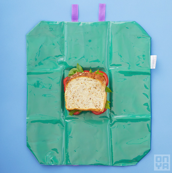 Green reusable food wrap with a sandwich in the middle ready to fold. On a blue background.