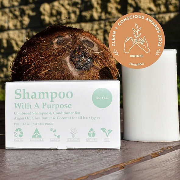 clean and conscious award winner shampoo with a purpose shampoo and conditioner bar - The OG. Plastic-free.