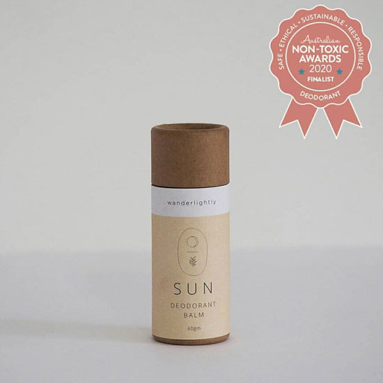 Wanderlightly all natural sun deodorant balm 60gm. Vegan & cruelty free. In a cardboard tube.
