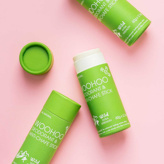 3 green cardboard tubes of Woohoo Body's all natural deodorant and anti-chafe stick. Australian low waste store.