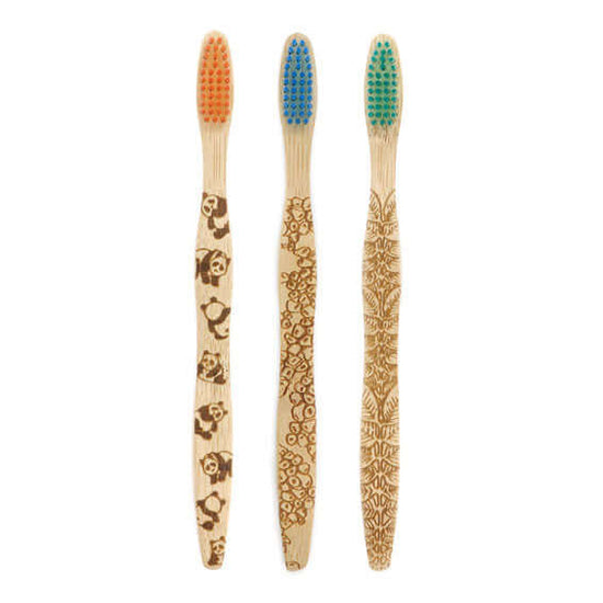 3 bamboo toothbrushes lined up in a row. 1 with an orange head, 1 with a blue head and one with a green head. On a white background.
