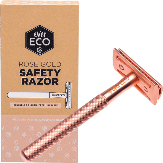 Box of rose gold safety razor. Reusable plastic free and durable. Rose gold razor sitting on top.